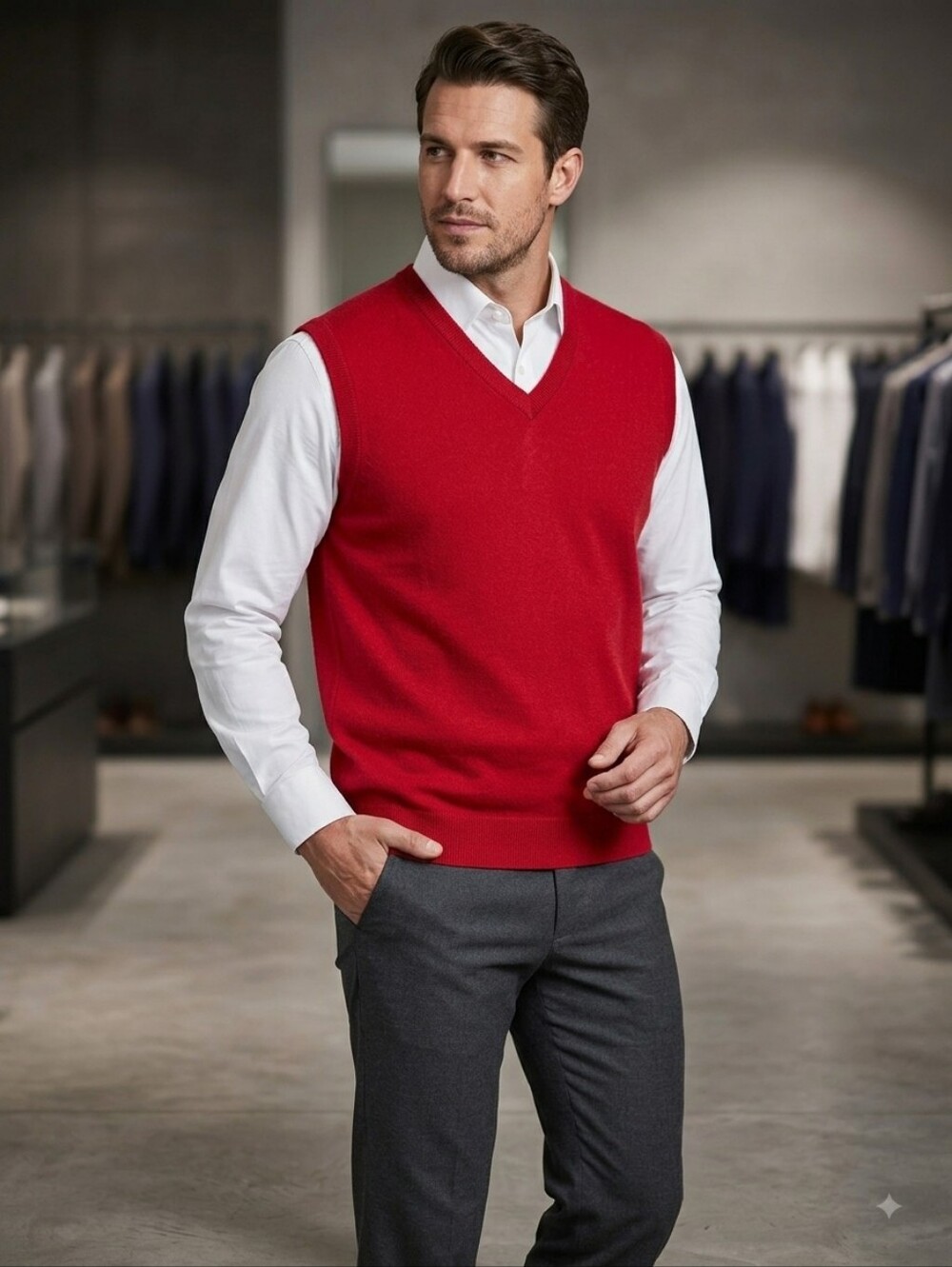 Point Zero Couture Wool Bright Red V-Neck Men's Sweater Vest